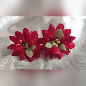 Unique Red Flower Screw Back Earrings